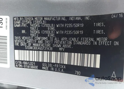 2016 Toyota Sienna Se 8 Passenger from USA, damaged, VIN 5TDXK3DC4GS731438